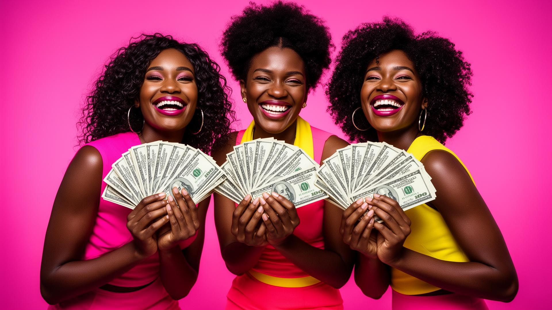 Three Black women celebrating with fans of cash in hand — Run Me My Refund VIP energy